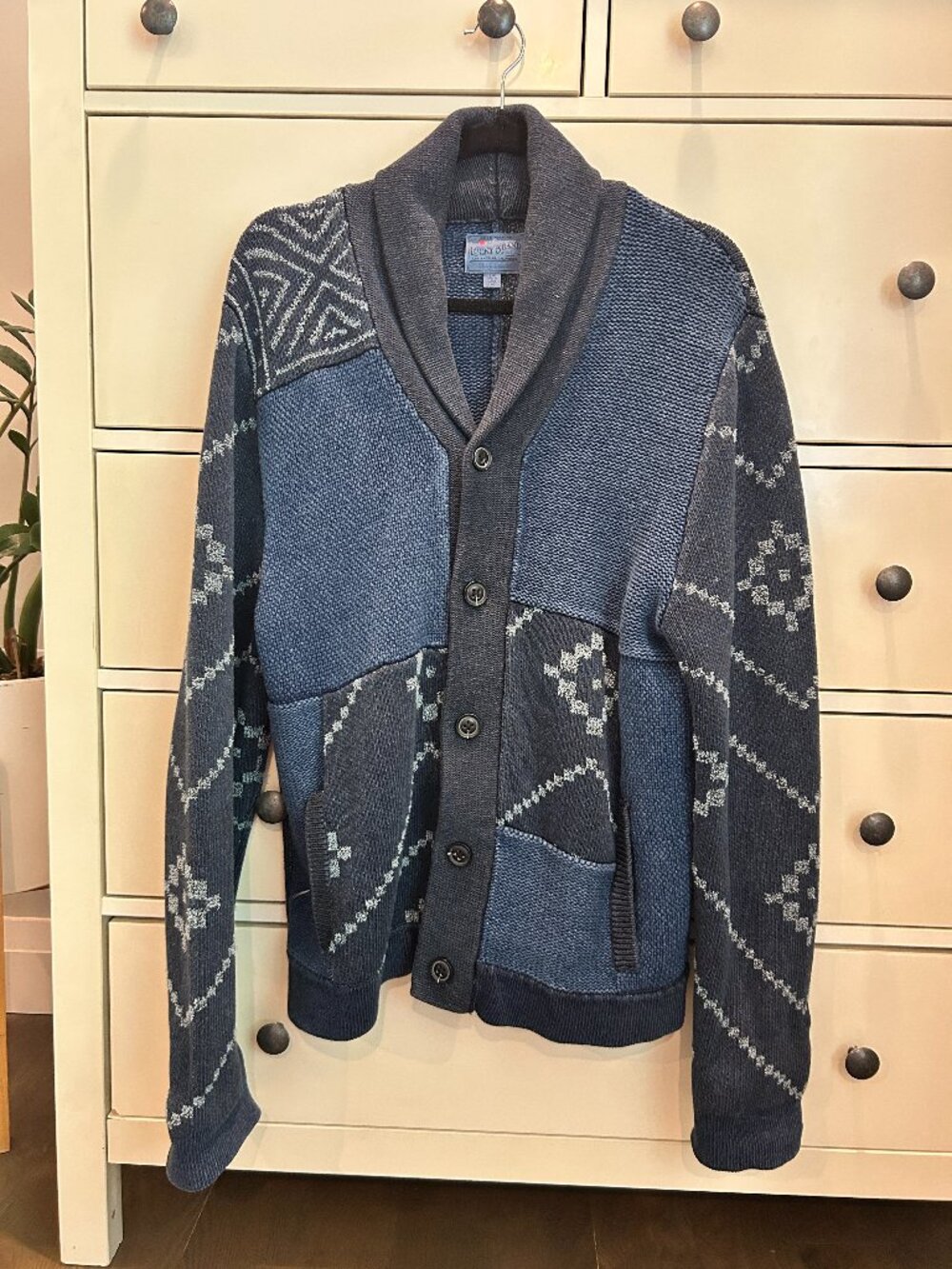 Lucky Brand Blue Patchwork Shawl-Collar Cardigan
